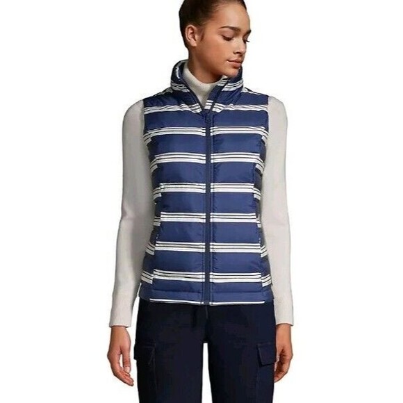 LANDS END Womens Down Feather Puffer Vest 600 Fill Blue White Stripe Plus 1X - Picture 1 of 12